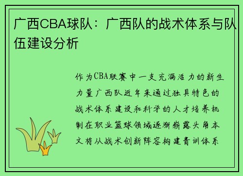 广西CBA球队：广西队的战术体系与队伍建设分析
