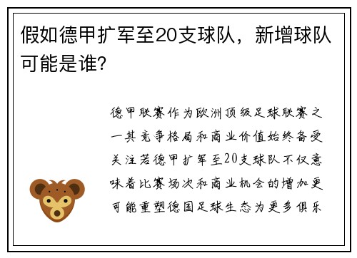 假如德甲扩军至20支球队，新增球队可能是谁？